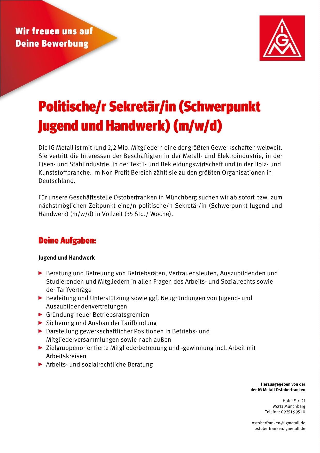 Politische/r Sekretär/in (Schwerpunkt Jugend und Handwerk) (m/w/d)