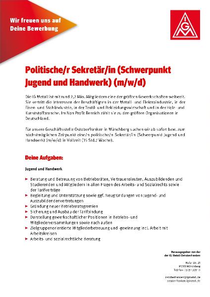 Politische/r Sekretär/in (Schwerpunkt Jugend und Handwerk) (m/w/d)