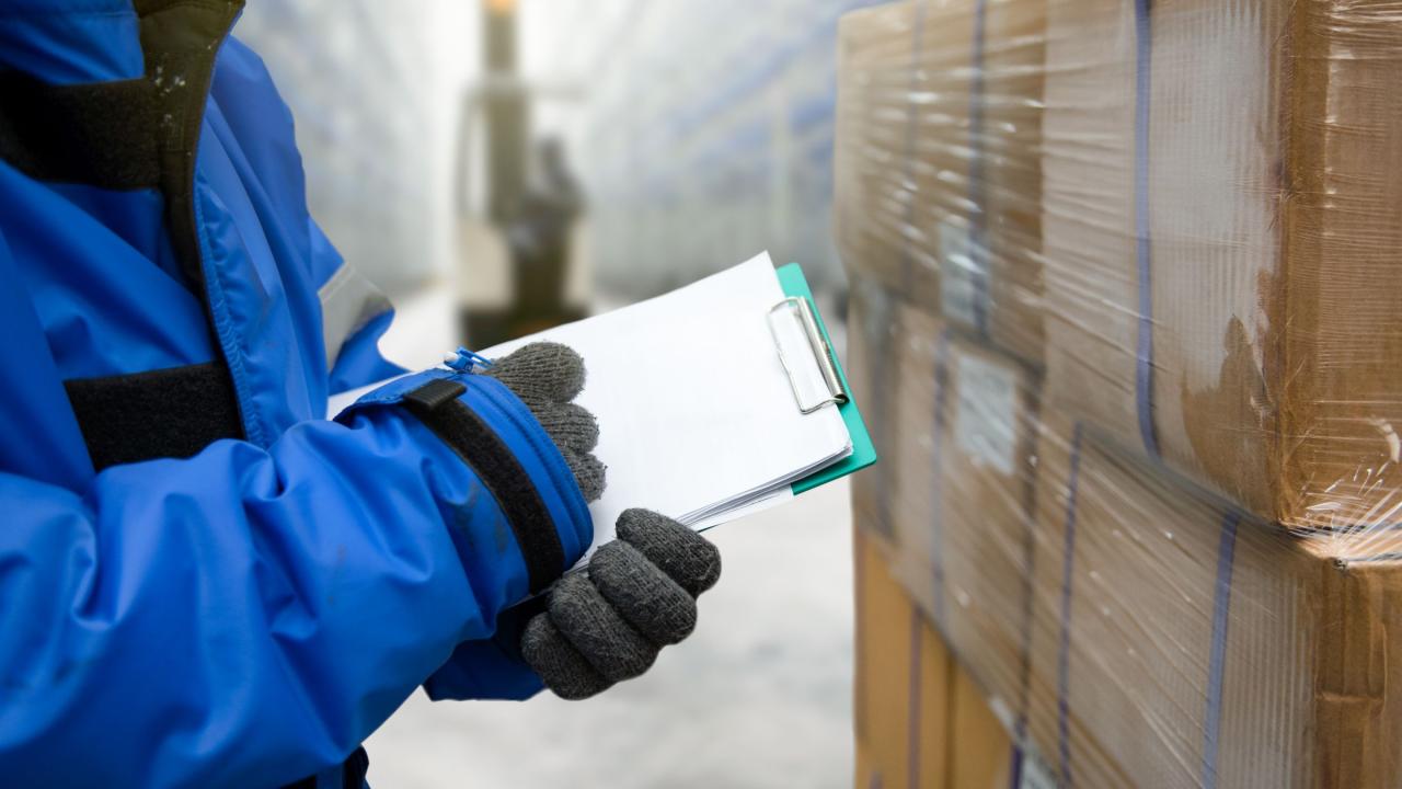 ein Beschäftiger prüft Lagerware in einem Kühlraum