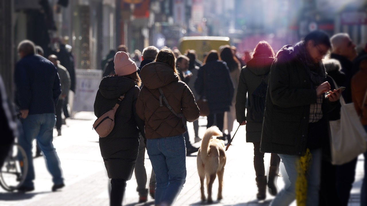 Menschen und ein Hund in der Fußgängerzone einer Stadt.